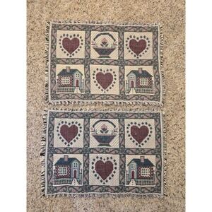 2 Vintage Woven Tapestry Placemats Hearts Cottage House Fringe Country Decor